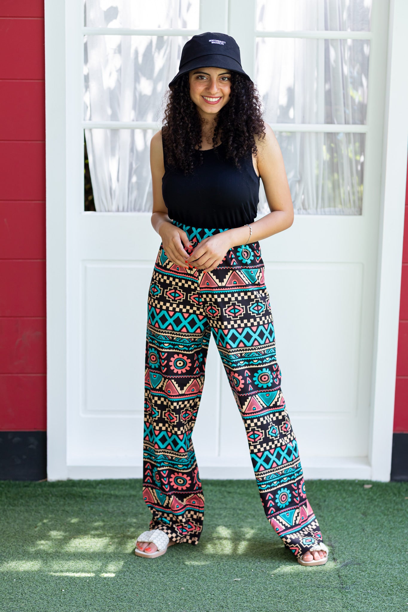 Random Print Black Wide Leg Pants