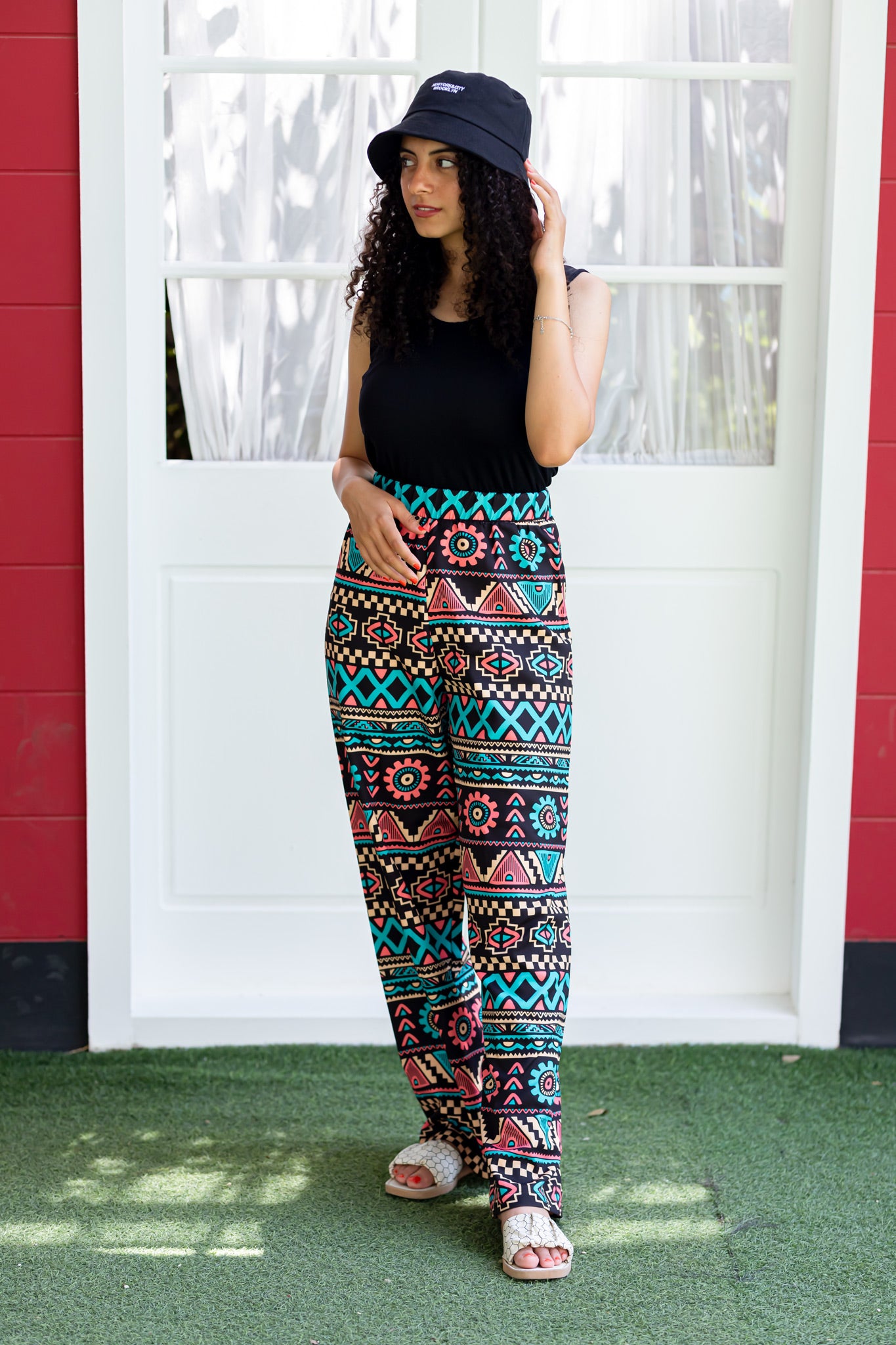 Random Print Black Wide Leg Pants