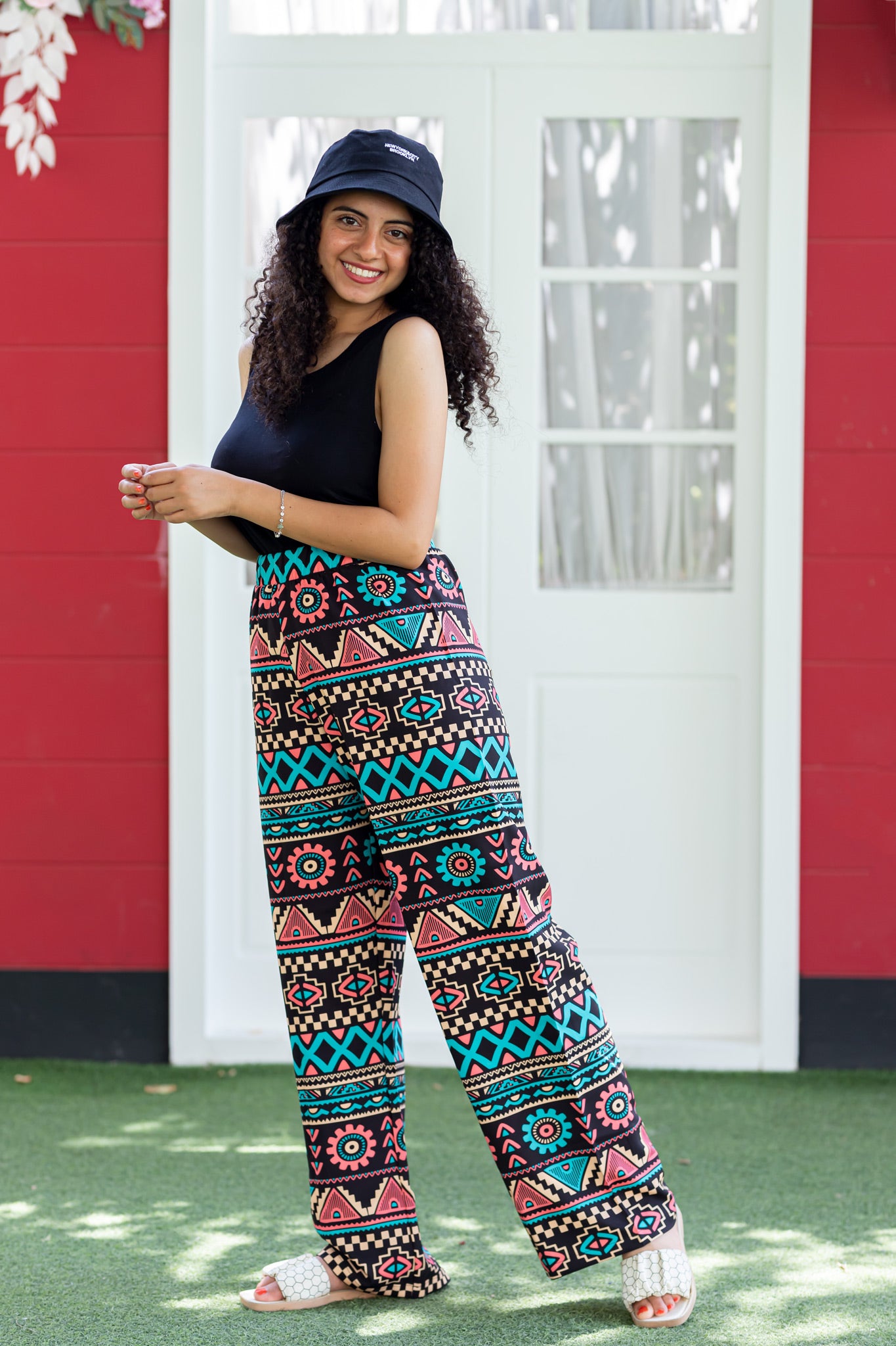 Random Print Black Wide Leg Pants