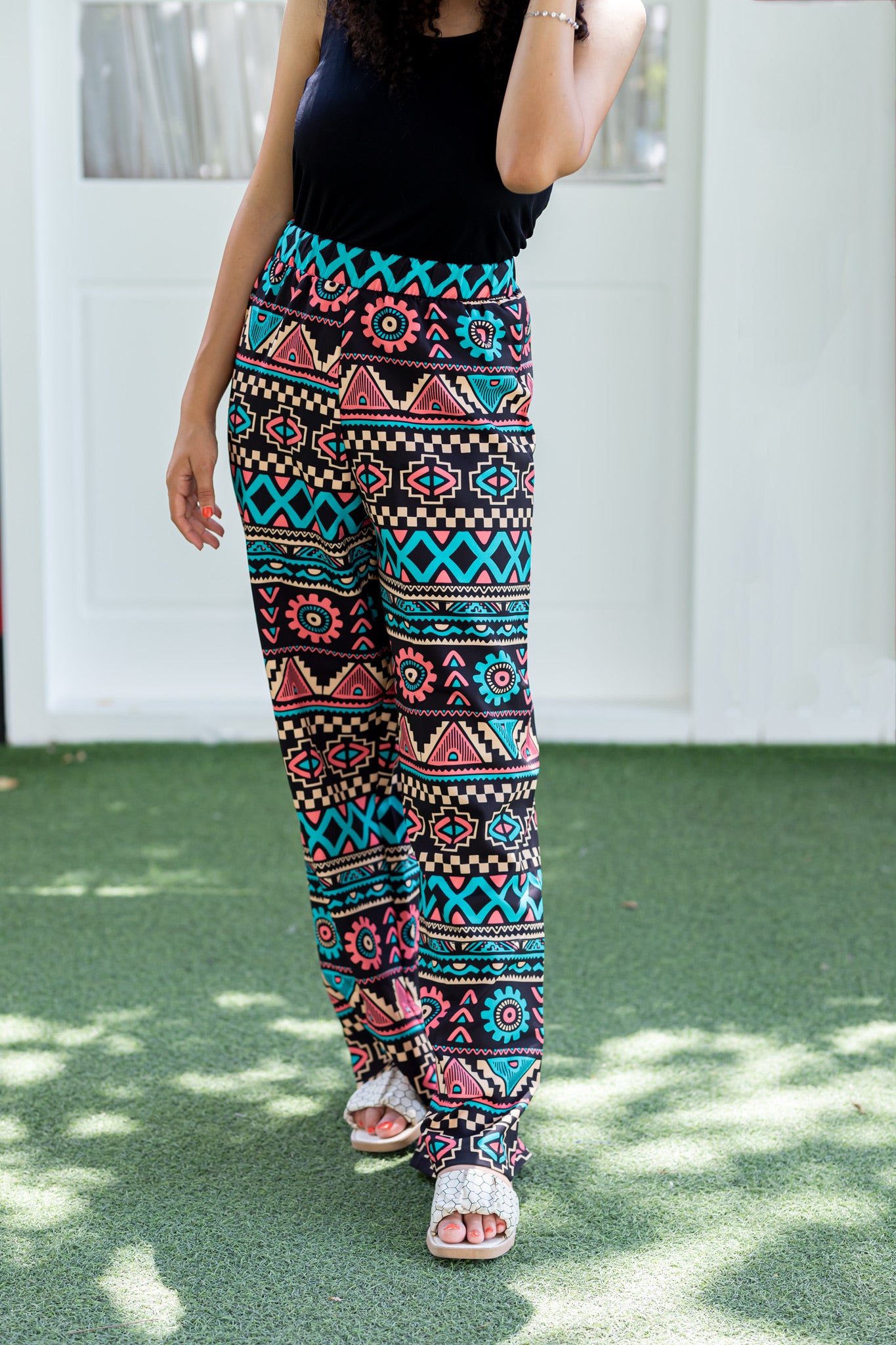 Random Print Black Wide Leg Pants